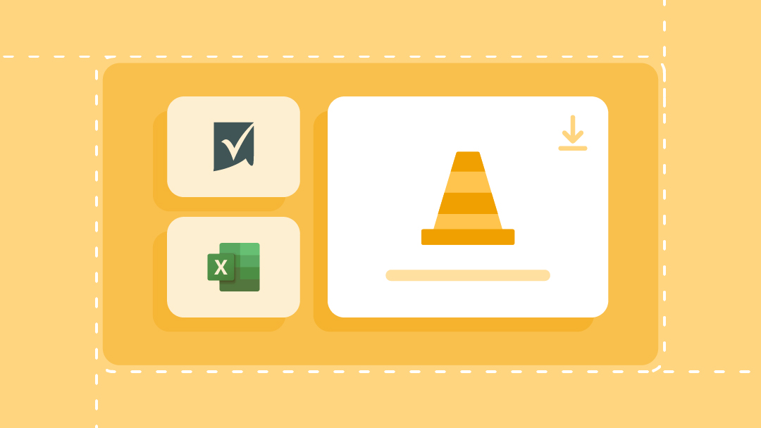 A construction traffic cone and template download icons for Smartsheet and Excel.
