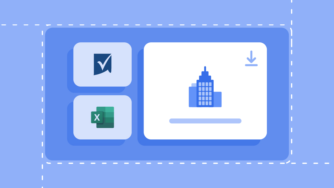 A city skyline, plus template download icons for Smartsheet and Excel.