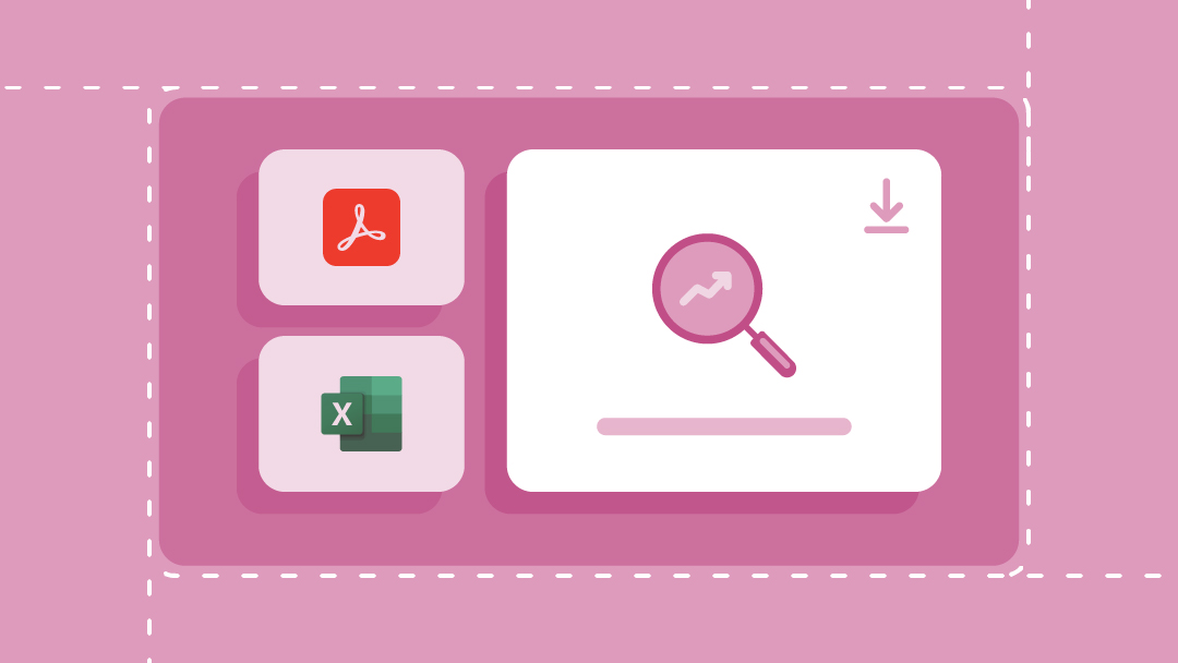 A magnifying glass on an upward trending chart, plus template download icons for Adobe Acrobat Reader and Excel.