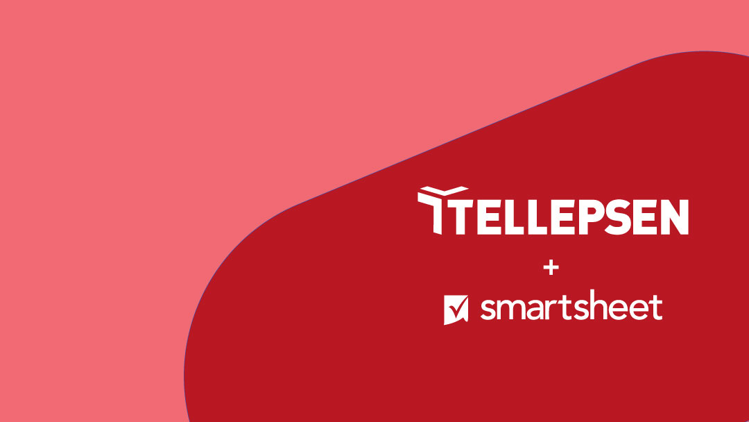 The Tellepsen and Smartsheet logos on a red background with abstract circular shapes.