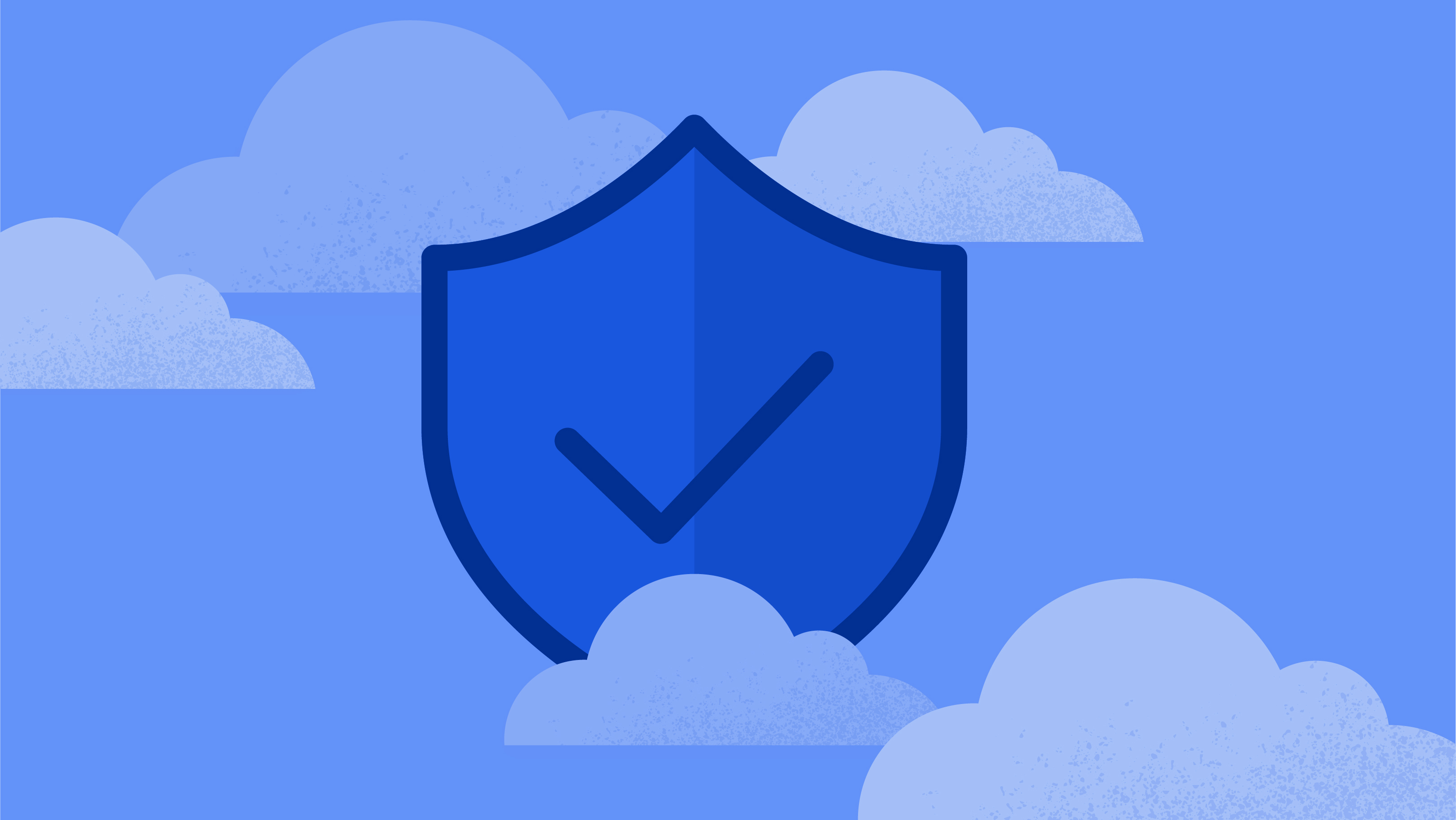 Blue shield with a checkmark surrounded by clouds