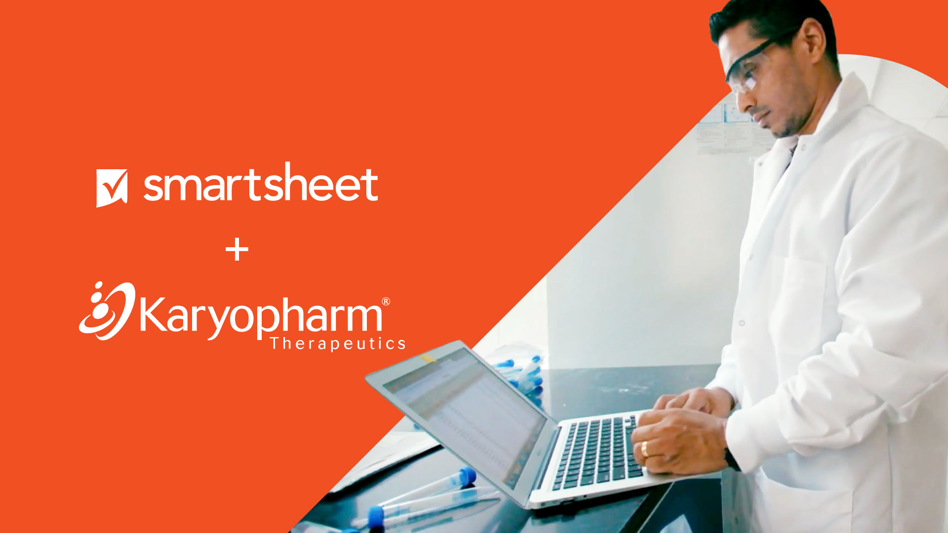 A Karyopharm Therapeutics lab tech and Smartsheet customer types on a laptop.