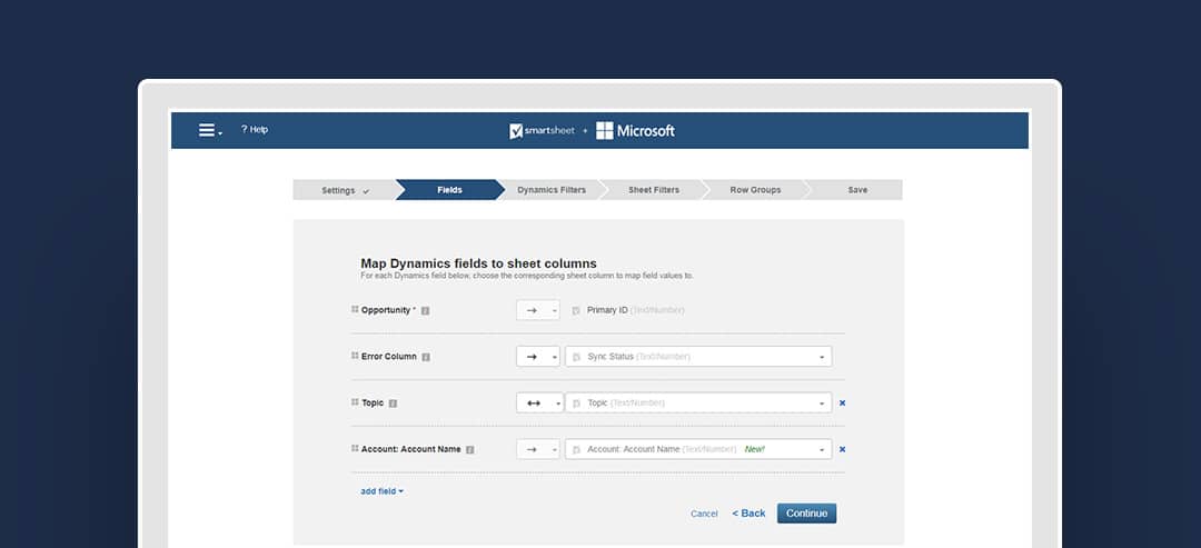 Smartsheet for Microsoft Dynamics 365 Connector interface