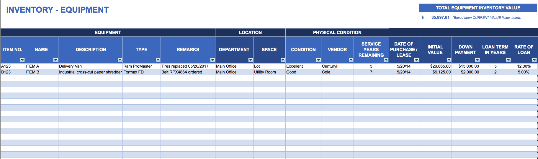Equipment inventory template
