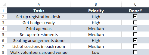 Excel to do list with checkboxes