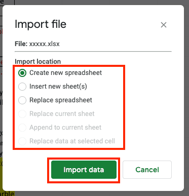 Google Sheets to Excel Import Document Options 