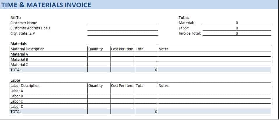 Time and Materials Invoice Template