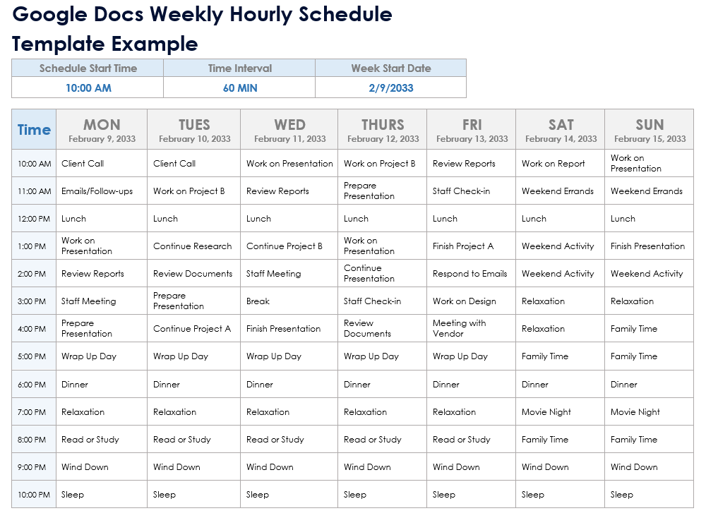 Free Google Docs Hourly Schedule Templates: Printable, Editable