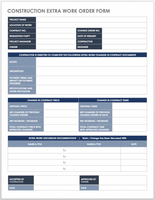Construction Extra Work Request Form Template
