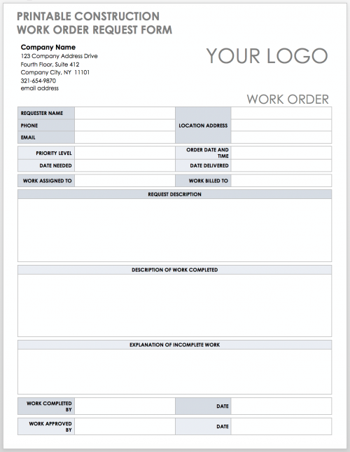 Printable Construction Work Oder Request Form Template