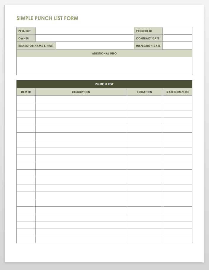 Free Printable Housekeeping Punch List Template