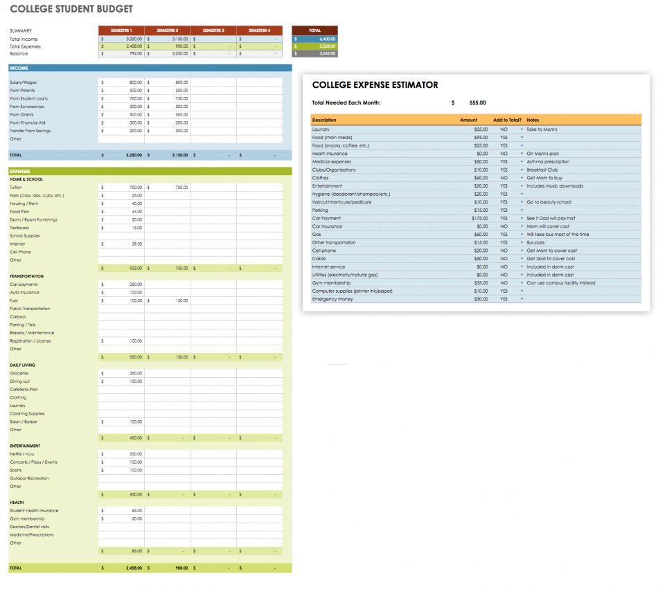 Student Budget Template from www.smartsheet.com