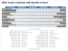 2026 Yearly Calendar Template with Months in Rows