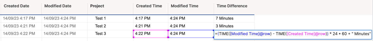 A Smartsheet grid displays the TIME function in action, noting the time difference between modified time and created time.