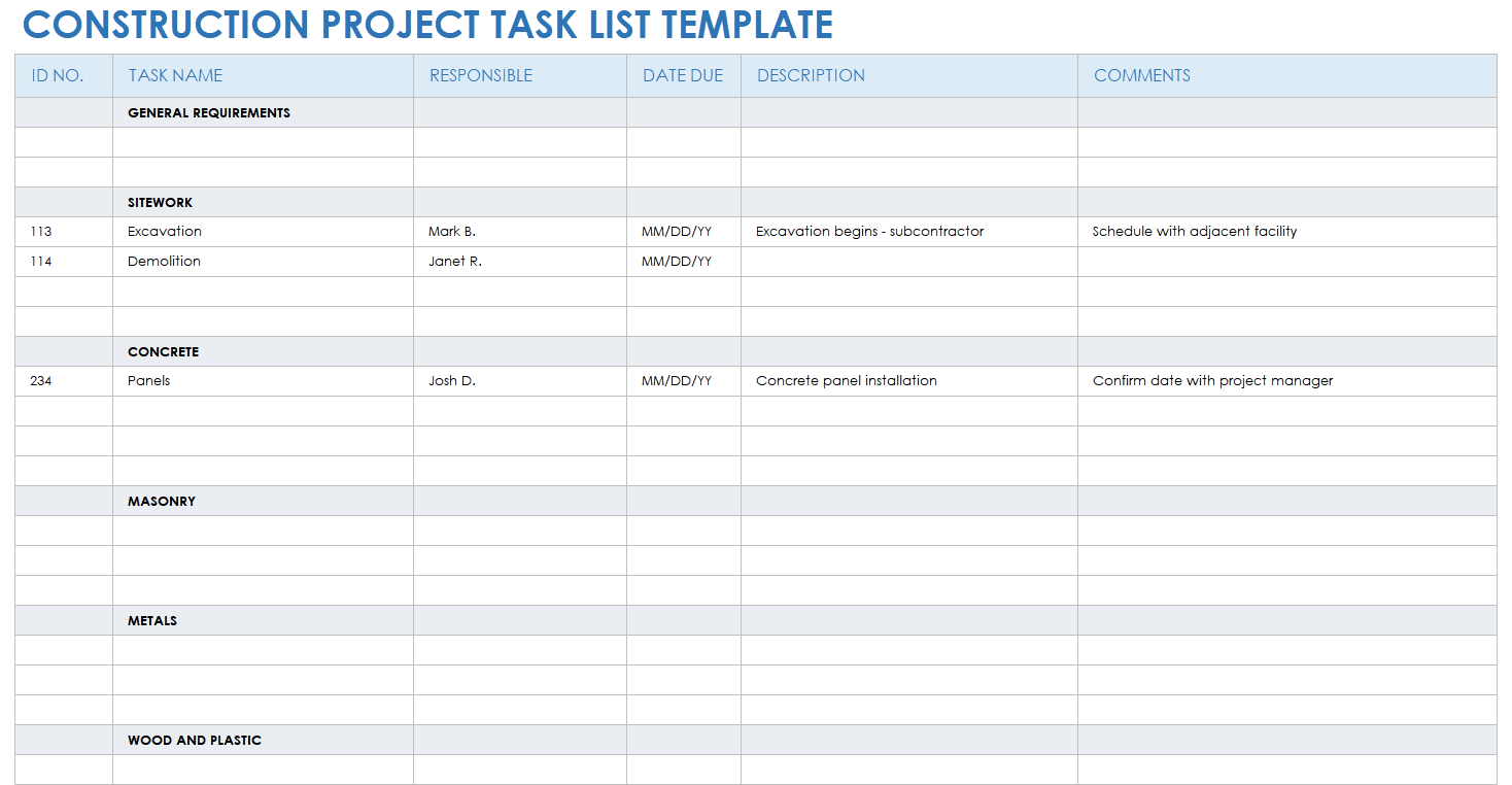 Construction Project Task List Template