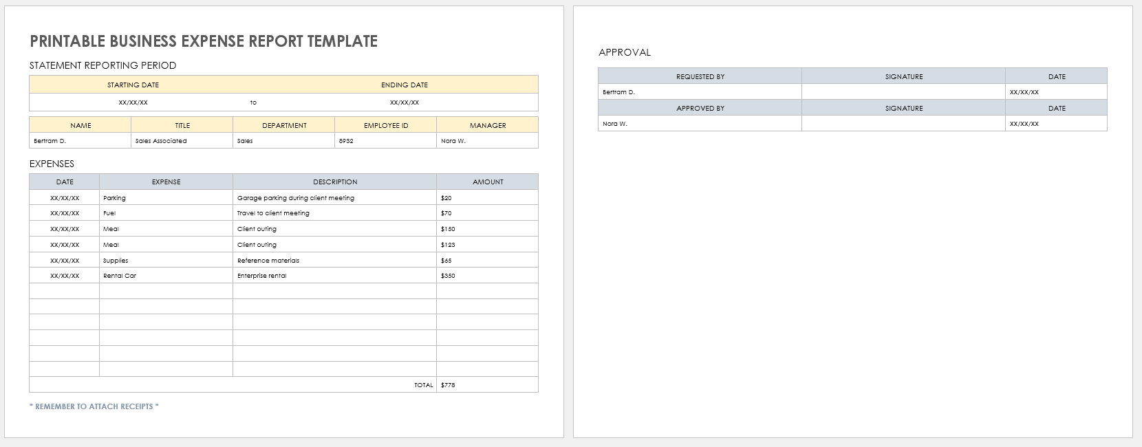 Printable Template for Business Expenses