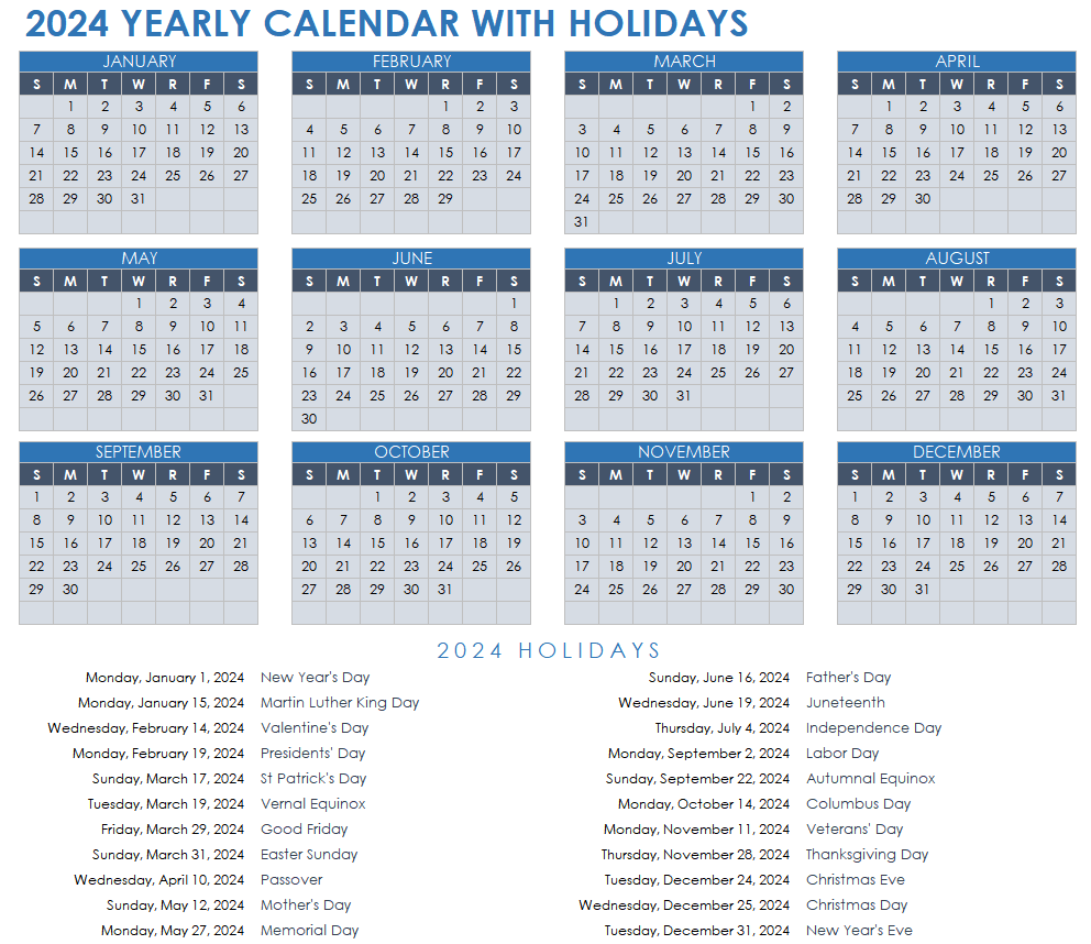 2024 Yearly Calendar Template with Holidays
