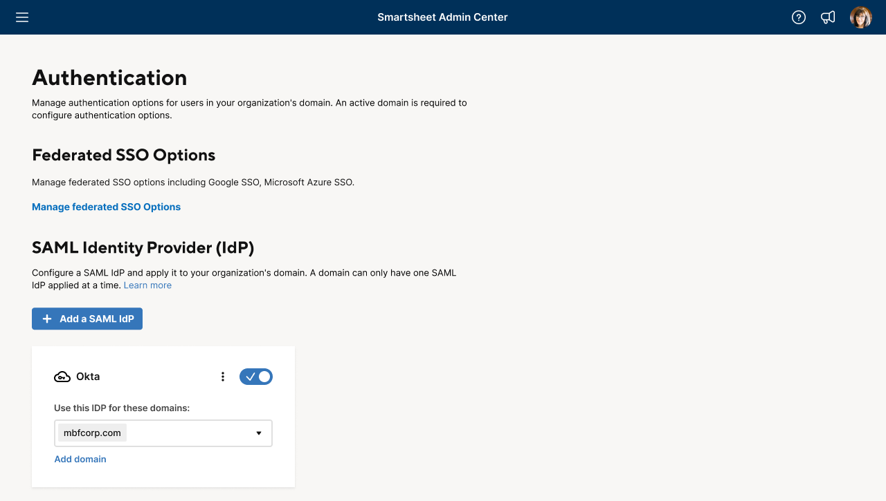 Smartsheet Admin Center SSO and SAML authentication screen