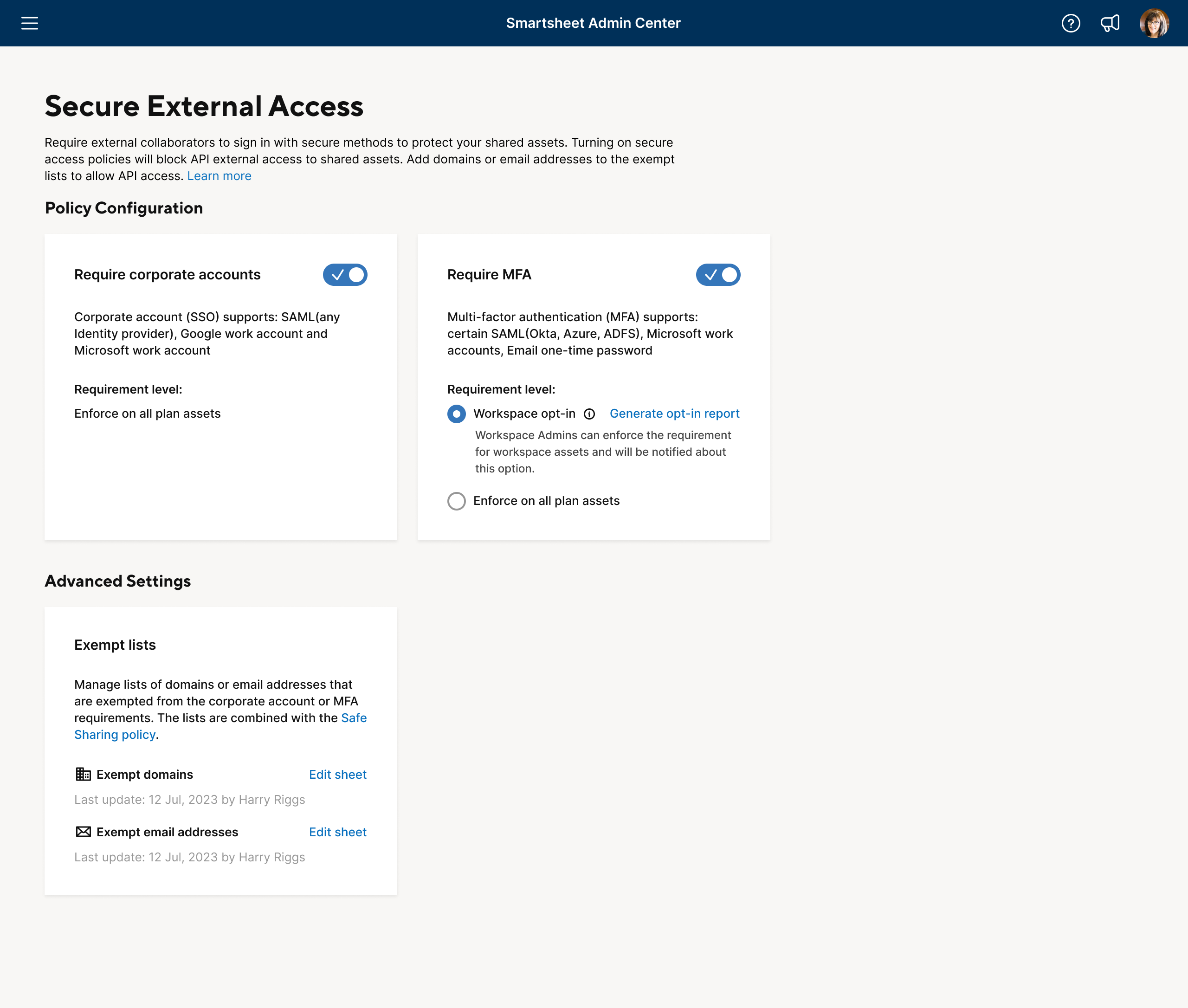 Smartsheet Admin Center Secure External Access screen