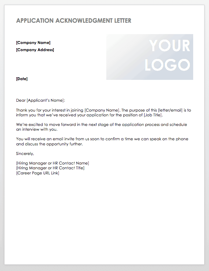 Application Acknowledgment Letter Template