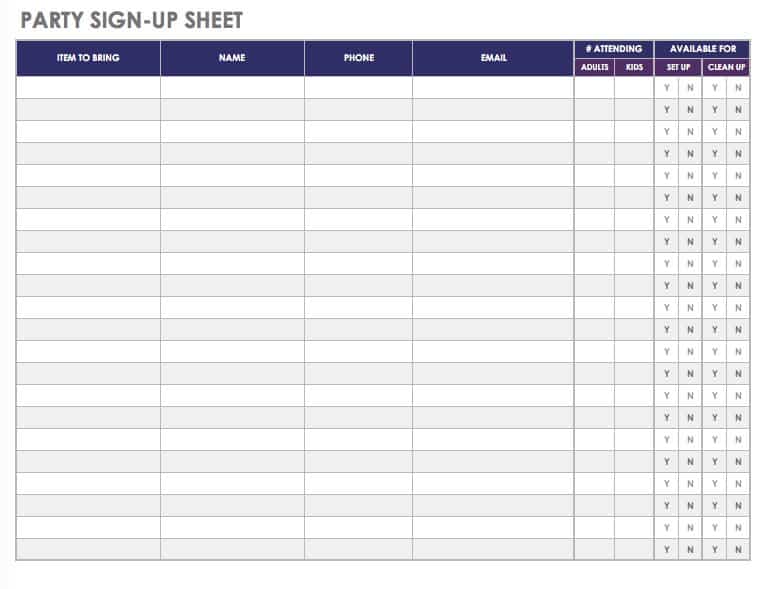 Party Sign-Up Sheet Template