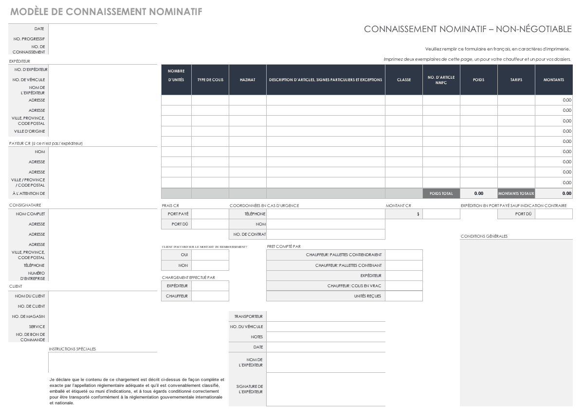 Straight Bill of Lading Template French